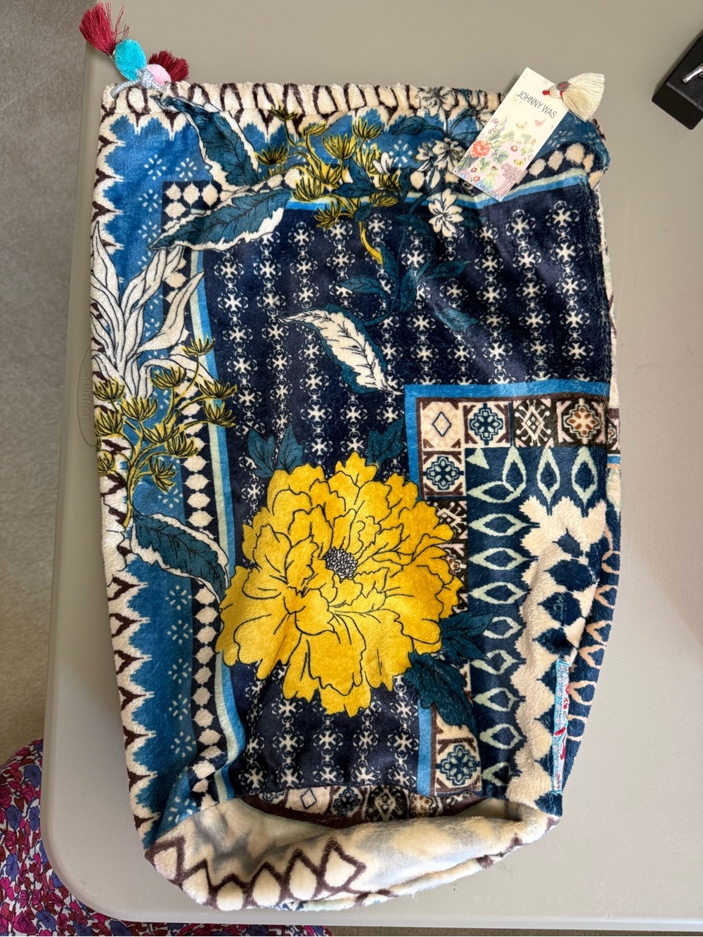 Johnny Was Blue Floral Patchwork Cozy Blanket Bag